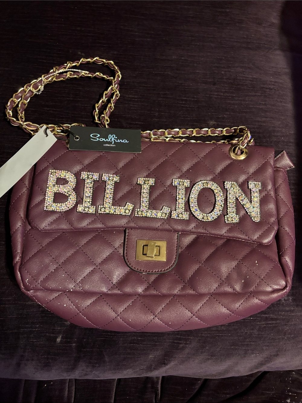 Soulfina Quilted burgundy bag with Billion in rhinestones